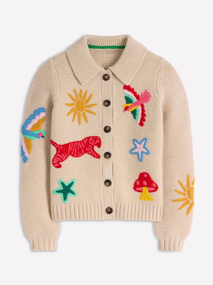Boden Cream Motif Collared Cardigan